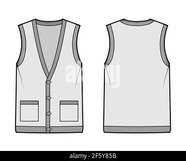 Cardigan vest sweater waistcoat technical fashion illustration with sleeveless, rib knit V-neckline, button closure, pockets. Flat template front, back, grey color. Women, men, unisex top CAD mockup Stock Vector