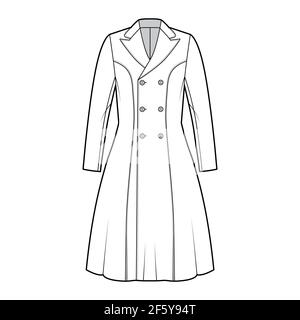 Princess line coat technical fashion illustration with double breasted, fitted body, peak lapel collar, knee length. Flat jacket template front, white color style. Women, men, unisex top CAD mockup Stock Vector