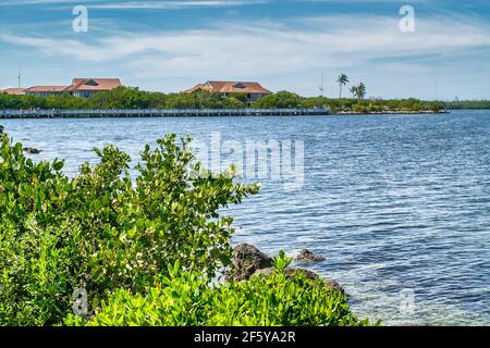 The Dante B. Fascell Visitor Center seen from the shore of Biscayne Bay at Biscayne National Park in Miami, Florida. Stock Photo
