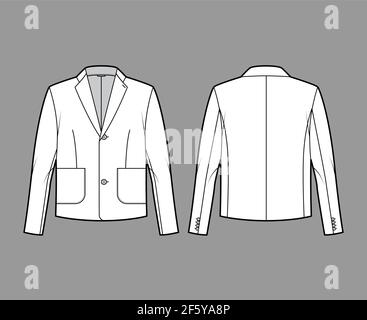 Blazer jacket suit technical fashion illustration with long sleeves, notched lapel collar, patch pockets, oversized body. Flat coat template front, back, white color style. Women, men, top CAD mockup Stock Vector