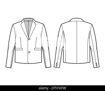 Single breasted jacket suit technical fashion illustration with long sleeves, notched lapel collar, flap welt pockets. Flat coat template front, back, white color style. Women, men, unisex CAD mockup Stock Vector