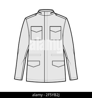 M-65 field jacket technical fashion illustration with oversized, stand collar, hide hood, long sleeves, flap pockets, epaulettes. Flat coat template front, grey color style. Women men top CAD mockup Stock Vector
