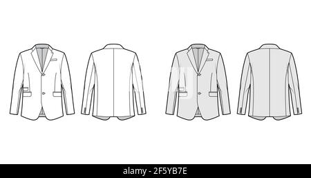 Tailored jacket lounge suit technical fashion illustration with long sleeves, notched lapel collar, flap went pockets. Flat coat template front, back, white, grey color style. Women, men, CAD mockup Stock Vector