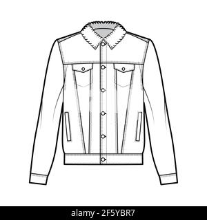 Sherpa lined denim jacket technical fashion illustration with oversized body, flap welt pockets, button closure, long sleeves. Flat apparel front, white color style. Women, men unisex CAD mockup Stock Vector