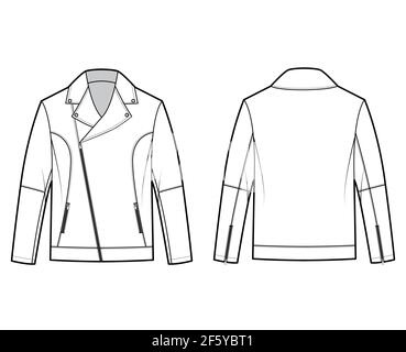 Zip-up biker jacket technical fashion illustration with oversized, zip front fold-over lapels collar, long sleeves, moto details. Flat coat template back white color style. Women unisex top CAD mockup Stock Vector