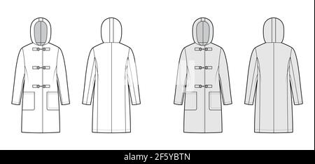 Clasp coat technical fashion illustration with long sleeves, hood, oversized body, patch pockets, knee length. Flat jacket template front, back, white, grey color style. Women, men, unisex CAD mockup Stock Vector