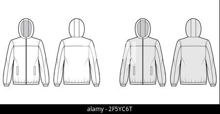 Windbreaker jacket technical fashion illustration with hood, oversized, long sleeves, welt pockets, zip-up opening. Flat coat template front, back white, grey color style. Women, men top CAD mockup Stock Vector