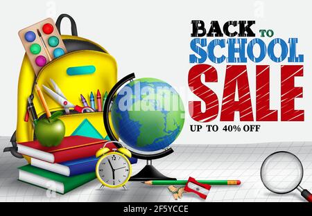 Back to school sale vector banner background. Back to school sale up to 40% off text with elements like bag, globe and book for educational supplies. Stock Vector