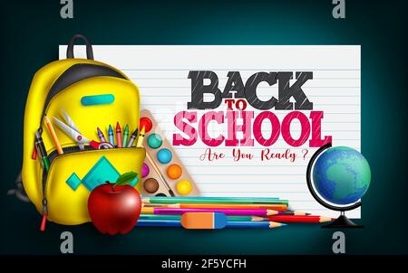 Back to school vector banner design. Back to school text in paper sheet background with educational elements like bag, globe and color pens. Stock Vector