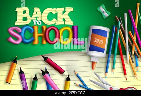 Back to school vector banner background. Back to school text with student supplies like glue, color pens and paper sheet elements for educational. Stock Vector