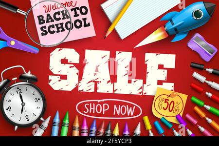 Back to school sale vector banner design. Welcome back to school sale up to 50% off text with student study supplies elements for educational discount. Stock Vector