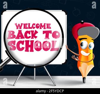 Back to school vector concept design. Welcome back to school text in white board element with pencil character for student educational background. Stock Vector