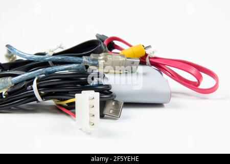 technological waste that remains in residence as computer cables Stock Photo