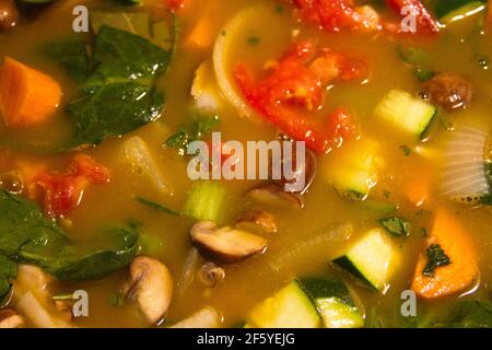 Close-up of colorful and delicious vegetable soup with broth, mushrooms, carrots, spinach, zucchini, celery, onions and potatoes–made by Mom with love