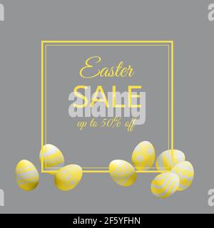 Easter sale banner with yellow eggs and square frame on gray background Stock Photo