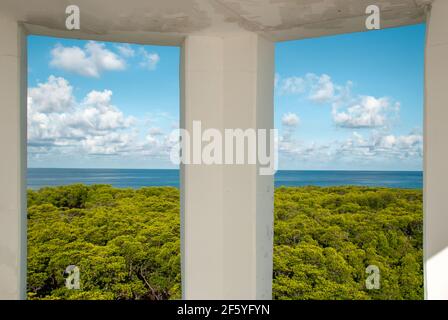 Very inviting shot of lush mangrove forest around a lagoon surrounded by blue sea water Stock Photo