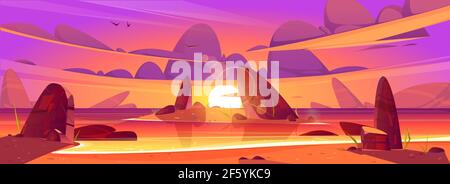Sunset in ocean, pink clouds in sky above sea Stock Vector
