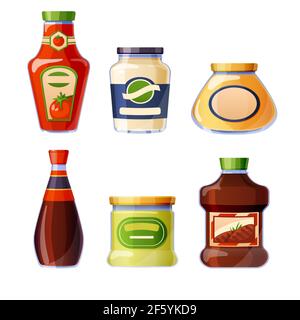 Sauces and dressings in glass bottles Stock Vector