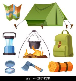 Set of camping equipment and stuff cartoon set Stock Vector