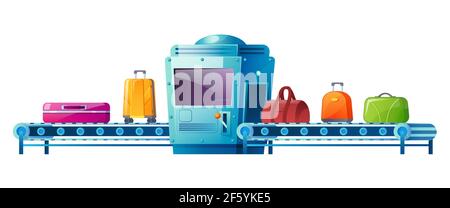 Conveyor belt with luggage in airport terminal Stock Vector