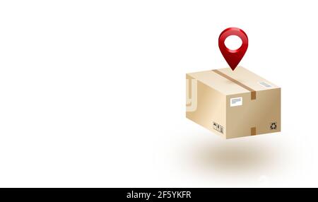 A parcel box and a red position pin isolate white background. illustration. Stock Photo