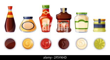 Set of different sauces in bottles and bowls. Stock Vector