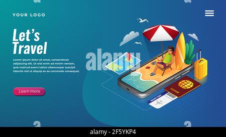 Isometric holiday planning by smart phone concept for website and mobile apps landing page Stock Vector