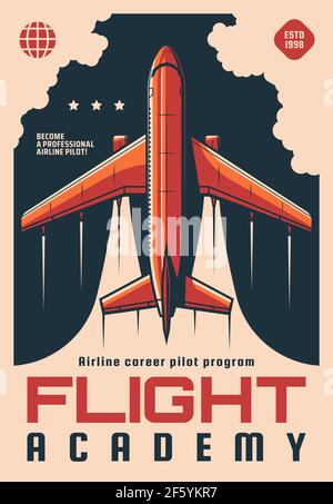 Flight academy retro vector poster. Modern plane flying in sky, airplane aviation school airline career pilot flight training program. Educational cou Stock Vector
