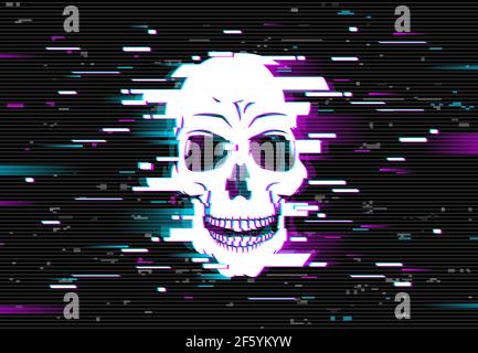 Human skull on glitched screen background. Computer virus, hacker or malware software, phishing attack danger, death in internet concept with skull, d Stock Vector