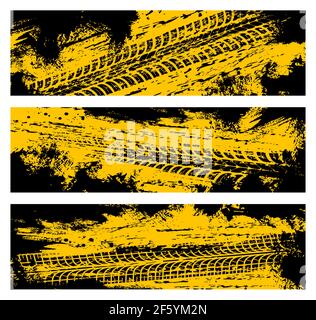 Tyre tracks, off road tire prints, grunge vector car treads, black and yellow spots and marks. Rally, motocross bike protectors, vehicle, transportati Stock Vector