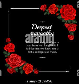 Funeral vector card with red rose sketch flowers. Obituary poster with engraved floral decoration, deepest sympathy typography. Vintage card with blos Stock Vector