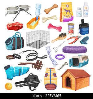 Pet shop supplies of dog care and grooming cartoon vector. Dog or puppy animal food bowl bed and bone toy leash collar kennel and carrier cage b Stock Vector Image Art