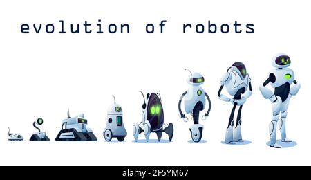 Robots evolution, AI android transformer bots, vector robo cybernetics technology. Robots and cyborgs, futuristic artificial intelligence and smart co Stock Vector
