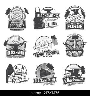Blacksmith profession vector icons, hand forged products, clothing, traditional forge. Hand forging school, equipment hammer, stove or anvil, museum e Stock Vector