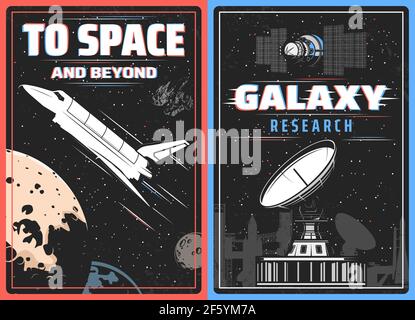 Galaxy research, outer space exploration retro vector poster with glitch effect. Spaceship explore cosmos vintage card with shuttle on planet orbit, s Stock Vector