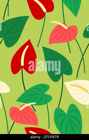 Seamless Pattern Wallpaper of Flamingo Flowers and Leaves for the Tropical Plant Background. Stock Vector