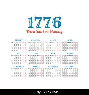 Historic vector calendar of 1776. Start on Monday Stock Vector
