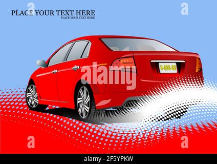 Red  sedan car on dotted background. Vector Colored 3d illustration Stock Vector