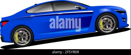 Blue sedan car. Side  view.  Vector Colored 3d illustration Stock Vector