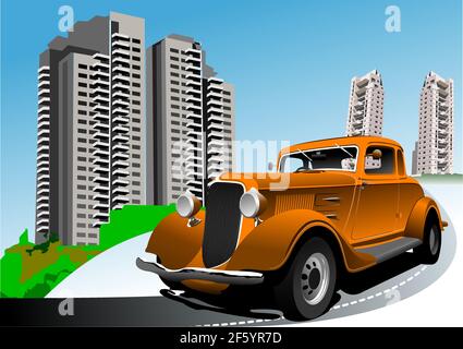 Rarity car on modern city background. Vector 3d illustration Stock Vector