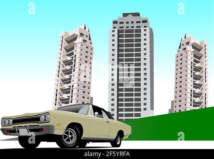 Rarity car on modern city background. Vector 3d illustration Stock Vector