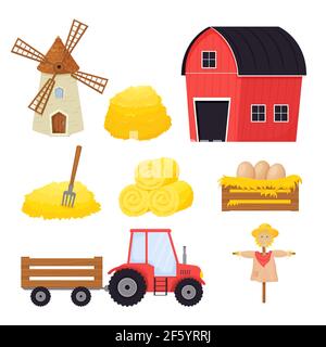 Farm set wiwh bale of hay, scarecrow, windmill, tractor in cartoon style isolated on white background. Agricultute collection, rural elements. Vector Stock Vector