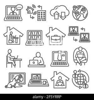 Home working line icons on white background Stock Vector