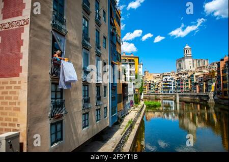 Girona, Spain - July 28, 2019: View of Girona Cathedral from the Eiffel bridge in the city of Girona, Spain Stock Photo