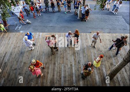 Paris, France - July 20, 2019: Couples dancing tango in public in Paris, France Stock Photo