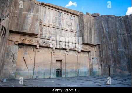 Closeup of the entrance to the tomb of Artaxerxes II in the ruins of Persepolis, ancient ceremonial capital of Persia, located near Shiraz in Iran Stock Photo