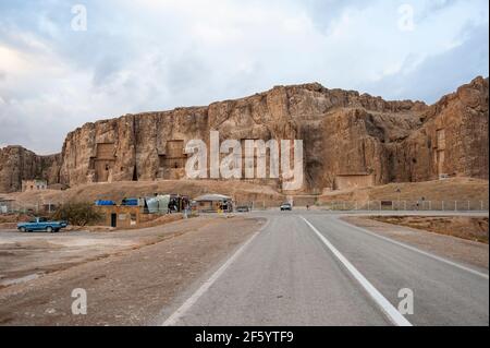 Road to Naqsh-e Rostam ancient necropolis with tombs of Achaemenid kings, located near Persepolis in Iran Stock Photo