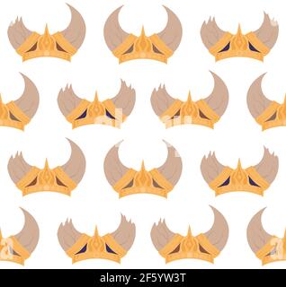 Seamless pattern with the cartoon sketch of the horned viking helmets in a row. Texture with the ammunition of the ancient warriors of the defenders. Stock Vector