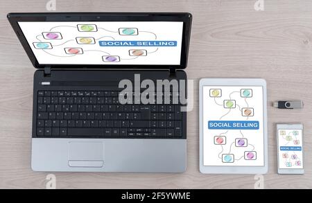 Social selling concept shown on different information technology devices Stock Photo