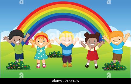 Happy kids in summer field with rainbow background vector illustration Stock Vector